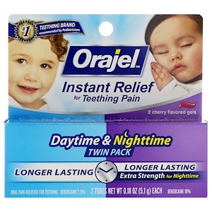 Отзывы о Orajel, Instant Relief for Teething Pain, Daytime & Nighttime Twin Pack, Cherry Flavored Gels, 2 Tubes, 0.18 oz (5.1 g) Each