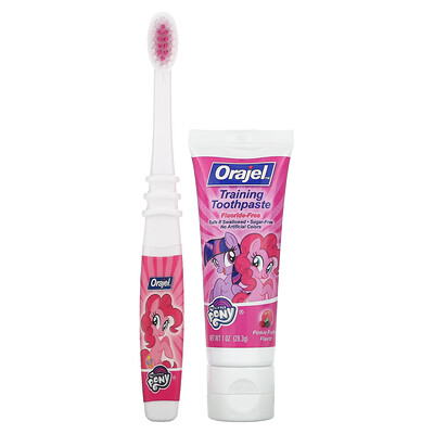 Orajel Kids, My Little Pony, тренировочная зубная паста с зубной щеткой, без фтора, со вкусом фруктового пирога, набор из 2 предметов