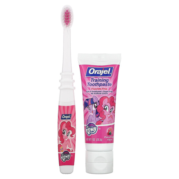 Orajel, Kids, My Little Pony, тренировочная зубная паста с зубной щеткой, без фторида, с фруктовым вкусом, набор из 2 предметов