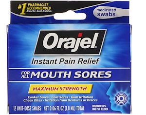 Отзывы о Orajel, Instant Pain Relief for All Mouth Sores, Maximum Strength, 12 Swabs, 0.06 fl oz (1.8 ml)