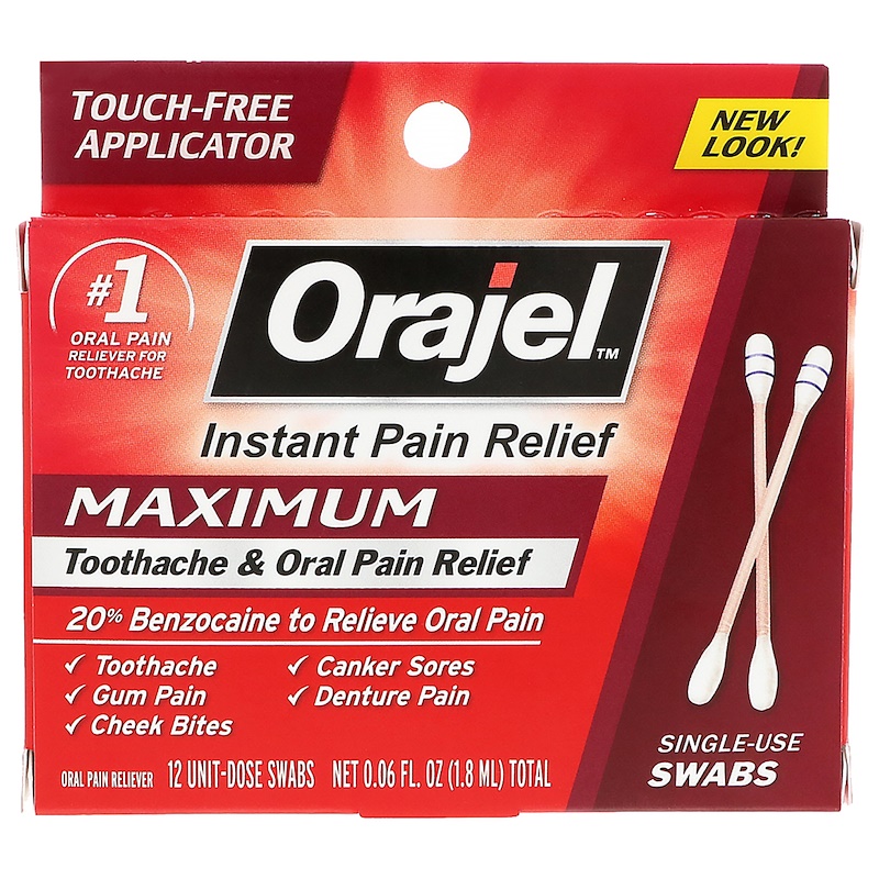 Orajel, Maximum Strength Toothache & Oral Pain Relief, 12 Swabs, 0.06