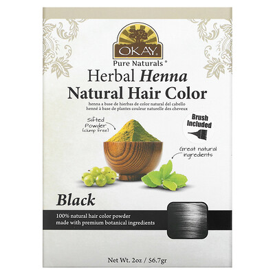 Okay Pure Naturals Натуральная краска для волос из травяной хны, черный, 56,7 г (2 унции)