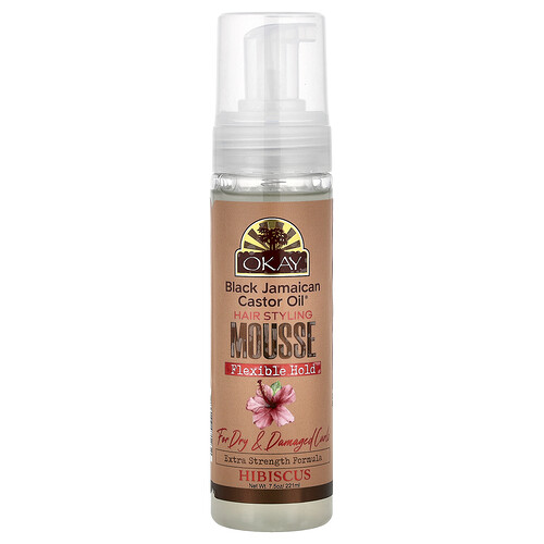 Okay Pure Naturals, Black Jamaican Castor Oil®, Hair Styling Mousse, Haarstyling-Mousse, flexibler Halt, für trockene und beschädigte Locken, Hibiskus, 221 ml (7,5 oz.)