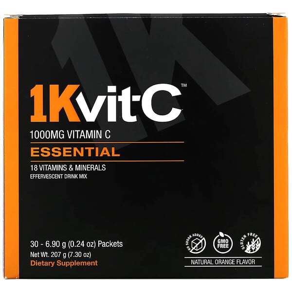 1Kvit-C, Mélange à boire effervescent essentiel, Vitamine C, Arôme naturel d'orange, 1000 mg, 30 sachets, 6,90 g chacun