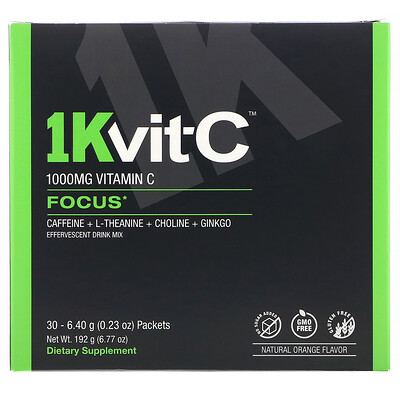 1Kvit-C Витамин C, повышение концентрации, шипучая смесь для приготовления напитка, натуральный апельсиновый вкус, 1000 мг, 30 пакетиков по 6,4 г (0,23 унции)