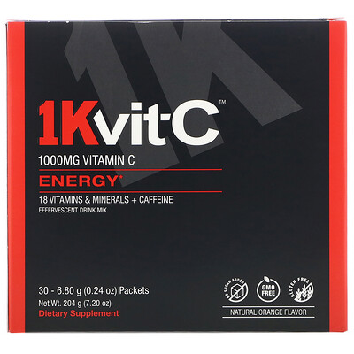 1Kvit-C Витамин C, повышение уровня энергии, шипучая смесь для приготовления напитка, натуральный апельсиновый вкус, 1000 мг, 30 пакетиков по 6,8 г (0,24 унции)