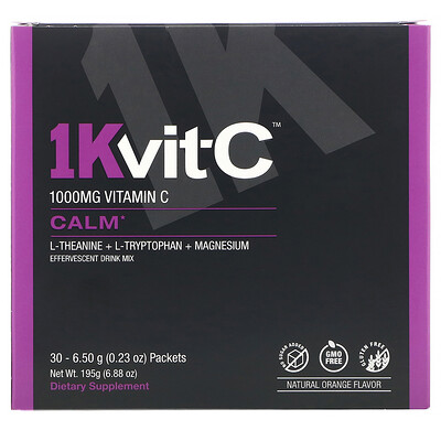 1Kvit-C Витамин C, спокойствие, шипучая смесь для приготовления напитка, натуральный апельсиновый вкус, 1000 мг, 30 пакетиков по 6,5 г (0,23 унции)