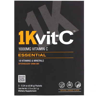 1Kvit-C Essential, витамин C, шипучая смесь для напитка, натуральный апельсиновый вкус, 1000 мг, 3 пакетика по 6,90 г (0,24 унции)