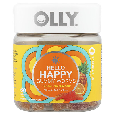 OLLY, Hello Happy, Gomitas de gusanos, Tropical Zing`` 60 gomitas
