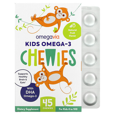 OmegaVia жевательные таблетки с омега-3 для детей, клубнично-цитрусовый вкус, 45 штук