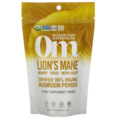 Om Mushrooms Lion's Mane, Certified 100% Organic Mushroom Powder, 3.5 oz (100 g)