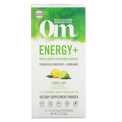 

Om Mushrooms Energy+, Powered by Cordyceps + Yerba Mate, Lemon Lime, 10 Packets, 0.23 oz (6.4 g) Each