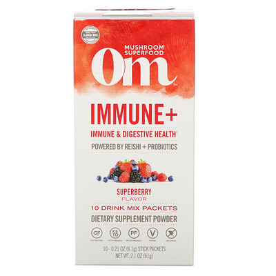 Om Mushrooms Immune+, Immune & Digestive Health, Superberry, 10 Packets, 0.21 oz (6.1 g) Each