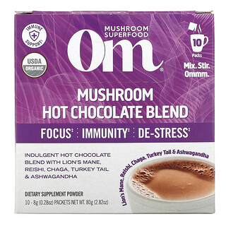 Om Mushrooms, Mushroom Powered Hot Chocolate Blend，10 包，每包 0.28 盎司（8 克）。
