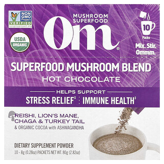 Om Mushrooms, Houbová směs Superfood, horká čokoláda, 10 balení, 8 g
