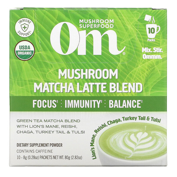 Mushroom Powered Matcha Latte Blend, 10 Packets, 0.28 oz (8 g) Each