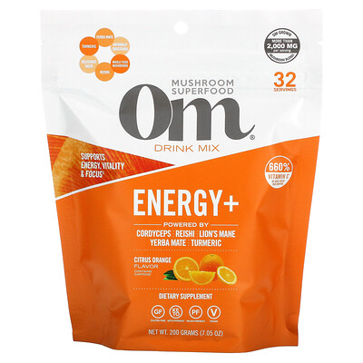 

Om Mushrooms Energy + Drink Mix, цитрусовый и апельсин, 200 г (7,05 унции)