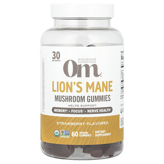 Om Mushrooms, Lion's Mane Mushroom Gummies, Strawberry , 60 Vegan Gummies