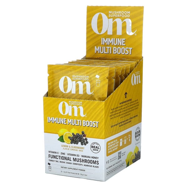 Om Mushrooms‏, Immune Multi Boost, Lemon & Elderberry Juice Drink Mix, 10 Packets, 0.53 oz (15 g) Each