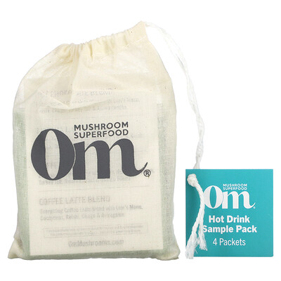 

Om Mushrooms, Hot Drink Sample Pack, Hot Chocolate, Matcha Latte, Coffee, Coffee Latte, 4 Packets