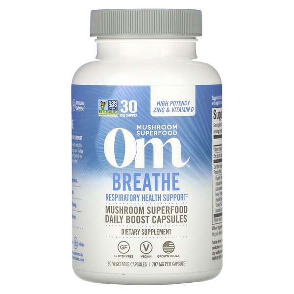 Om Mushrooms, Breathe, поддержка здоровья дыхательной системы, 90 растительных капсул