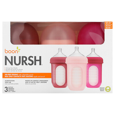 Product Image for Boon, Nursh , Silicone Pouch Bottle, 3m+, Medium, 3 Bottles, 8 oz (236 ml) Each