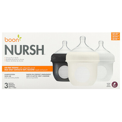 Product Image for Boon, Nursh , Silicone Pouch Bottle, 0m+, Slow, 3 Bottles, 4 oz (118 ml) Each