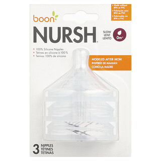 Boon, Nursh®, Tetinas con 100 % de silicona, Bebés de 0 meses en adelante, Flujo lento, 3 tetinas