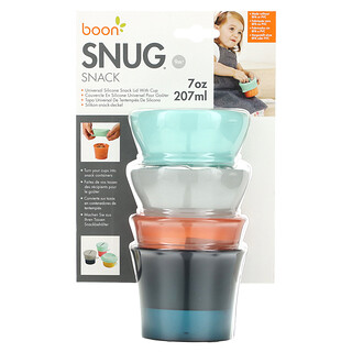 Boon, Snack cómodo, Tapa universal de silicona con taza, Más de 9 m, 2 tazas y 2 tapas, 207 ml (7 oz) cada una