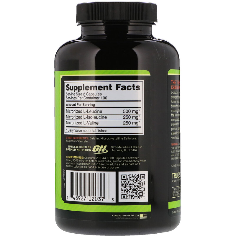 Optimum Nutrition, BCAA 1000 Caps, Mega-Size, 1 g, 200 Capsules - iHerb