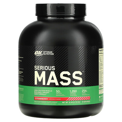 Optimum Nutrition Serious Mass, порошок с высоким содержанием белка для набора веса, со вкусом клубники, 2,72 кг (6 фунтов)