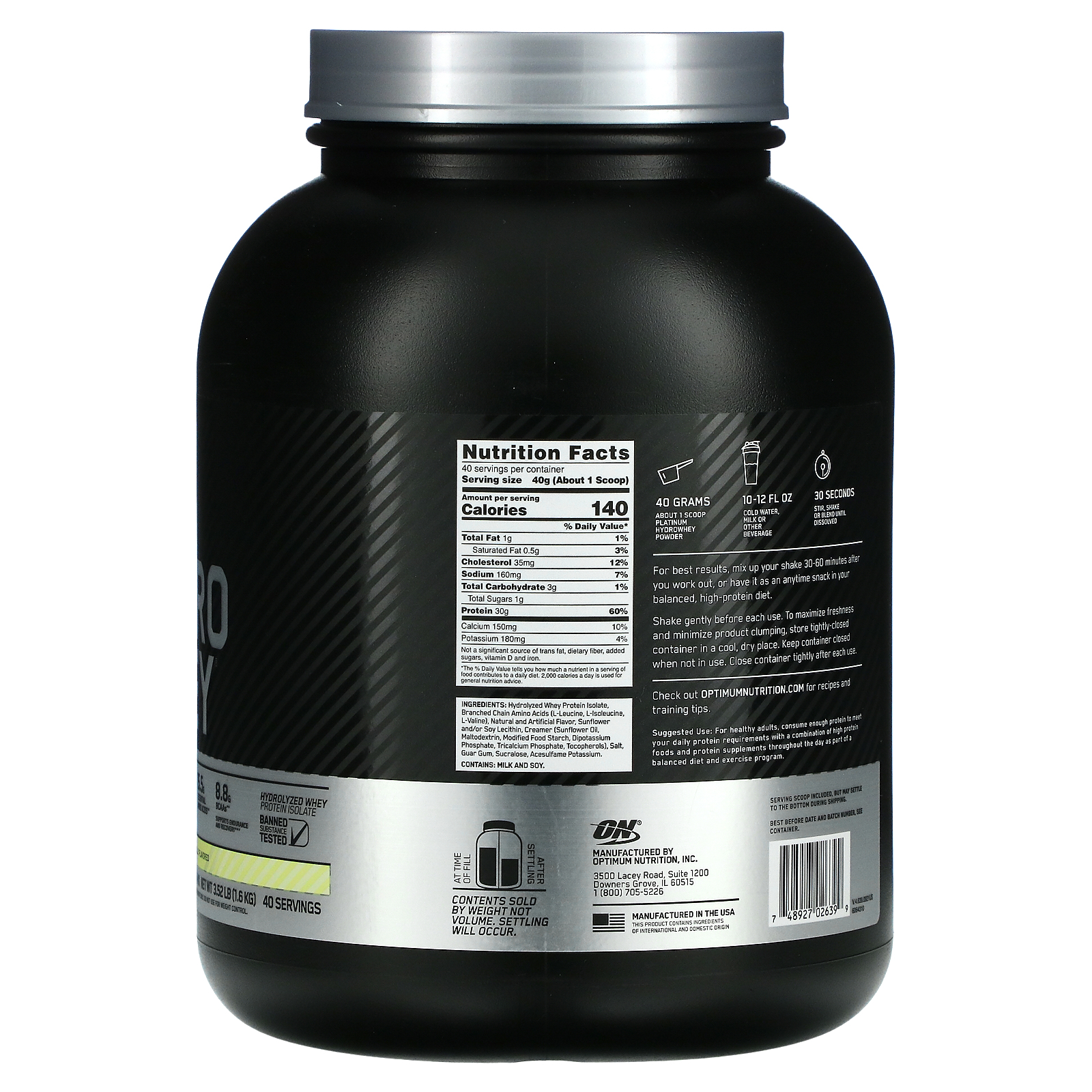 Optimum Nutrition, Platinum Hydro Whey, Velocity Vanilla, 3.52 lb (1.6 kg)