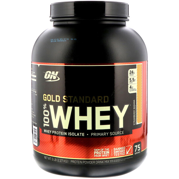 Optimum Nutrition‏, Gold Standard 100% Whey, מי גבינה בטעם תות בננה, 2.27 ק"ג (5 ליבראות)