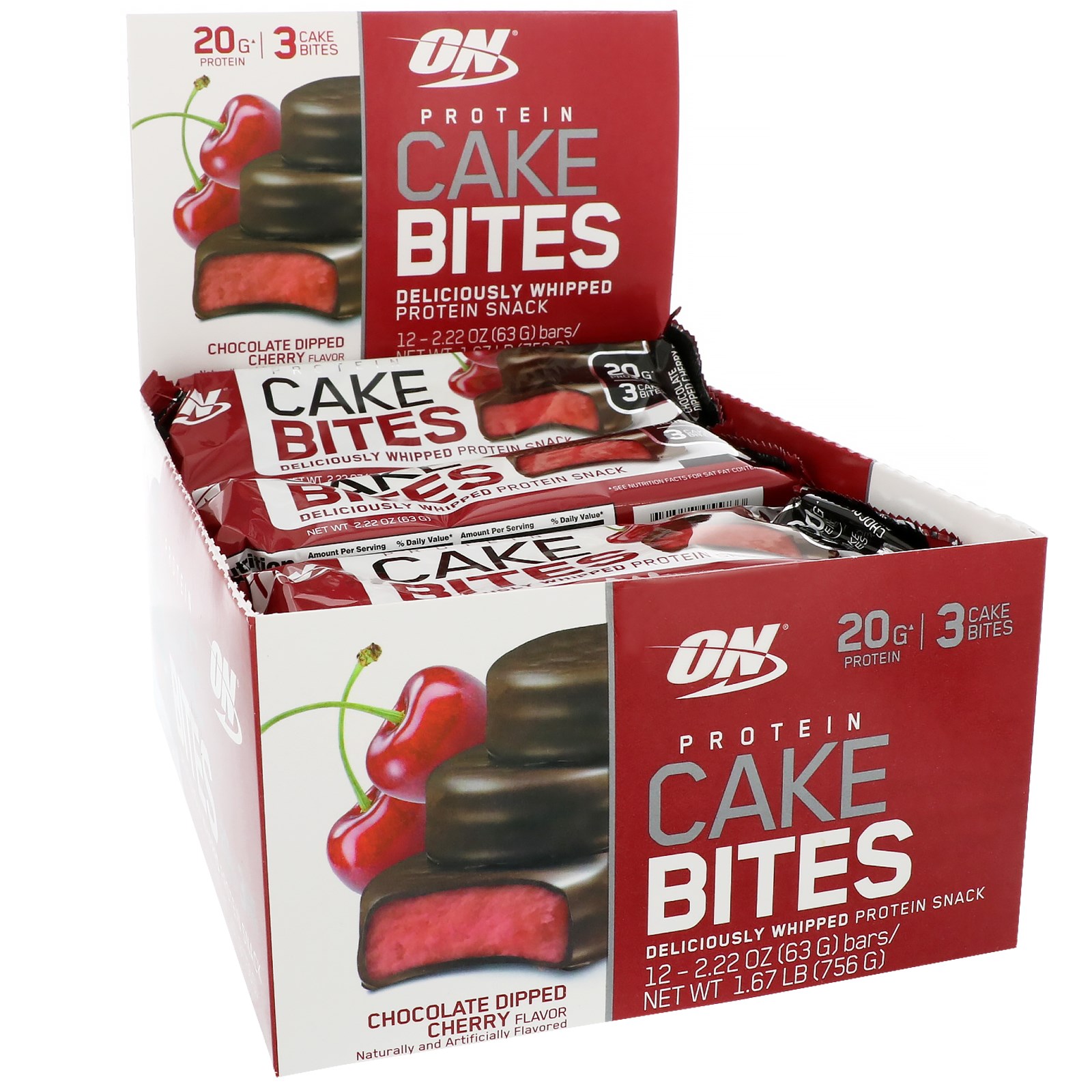 Optimum Nutrition, Protein Cake Bites, Chocolate Dipped Cherry Flavor, 12 Bars, 2.22 oz (63 g