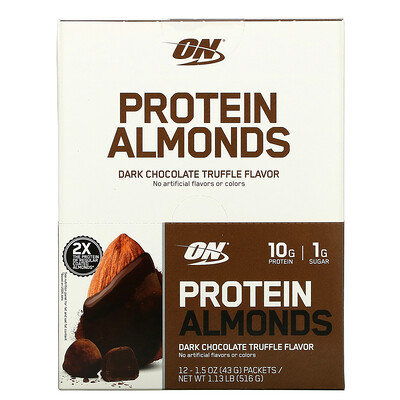 

Optimum Nutrition, Protein Almonds, Dark Chocolate Truffle, 12 Packets, 1.5 oz (43 g) Each