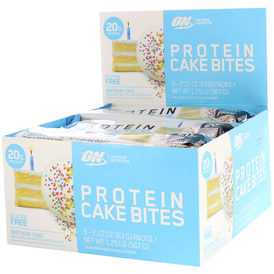 Optimum Nutrition Protein Cake Bites, Торт на день рождения, 9 батончиков, 2,22 унции (63 г) каждый