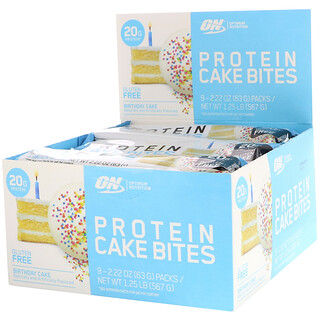 Optimum Nutrition, Protein Cake Bites, Торт на день рождения, 9 батончиков, 2,22 унции (63 г) каждый