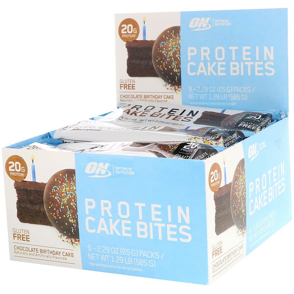 Optimum Nutrition‏, Protein Cake Bites, Chocolate Birthday Cake, 9 Bars, 2.29 oz (65 g) Each
