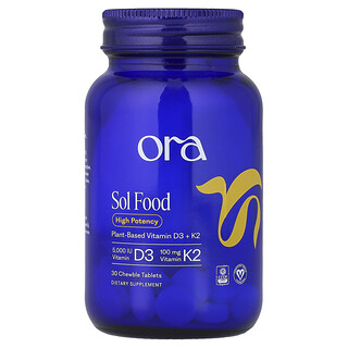 Ora, Sol Food, високоефективен витамин D3 и K2, 30 дъвчащи таблетки