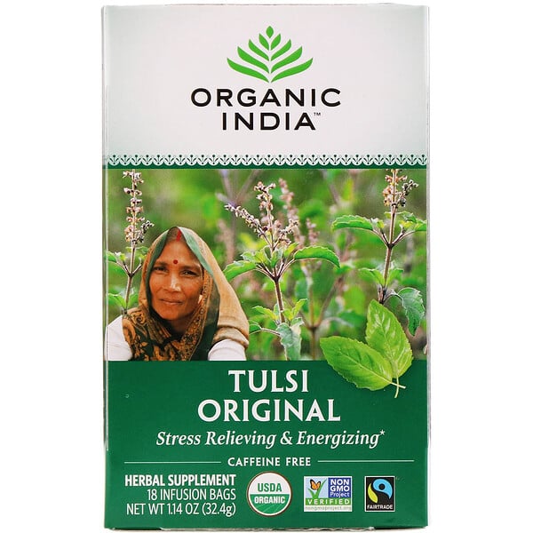 Organic India, トゥルシーティー、オリジナル、カフェインレス、インフュージョンバッグ18個、32.4g（1.14oz）
