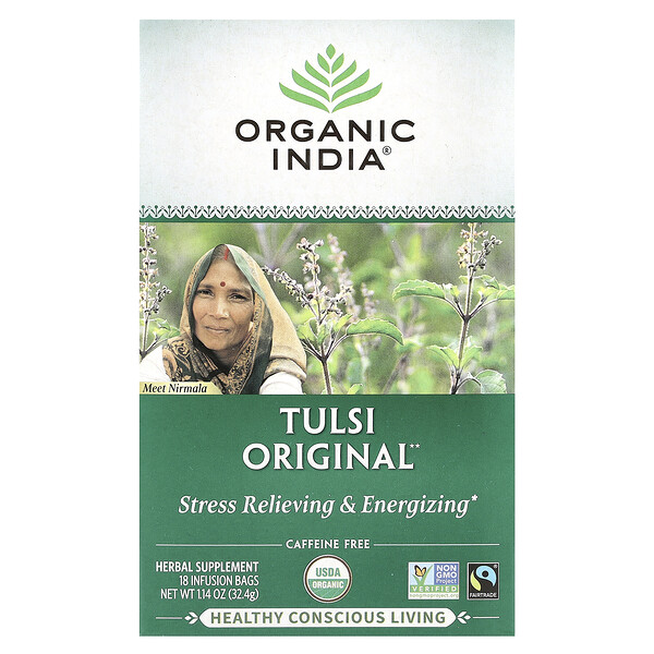 Organic India Tulsi Original Tea, Caffeine-Free, 18 Infusion Bags, 1.14 oz (32.4 g)