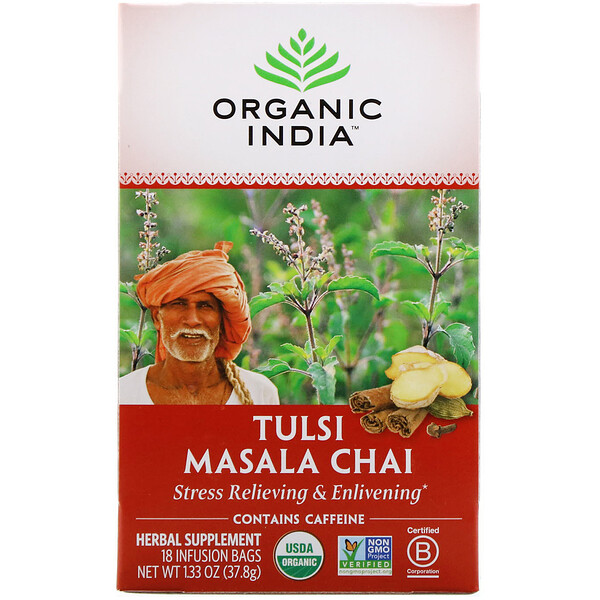Organic India, Té tulsí, masala y chai, 18 saquitos para infusión, 37,8 g (1,33 oz)