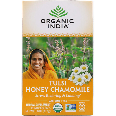 Organic India Чай с тулси, медом и ромашкой, без кофеина, 18 пакетиков, 30,6 г (1,08 унции)