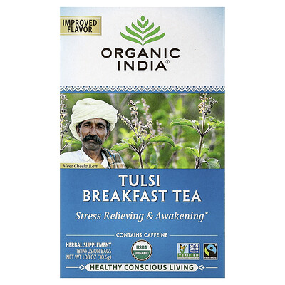 Organic India, Té con tulsí para el desayuno, 18 bolsitas para infusión, 30,6 g (1,08 oz)