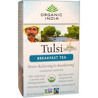 Organic India, Чай с базиликом Holy Basil, чай Breakfast Tea, 18 пакетиков для заваривания, 1,08 унции (30,6 г)