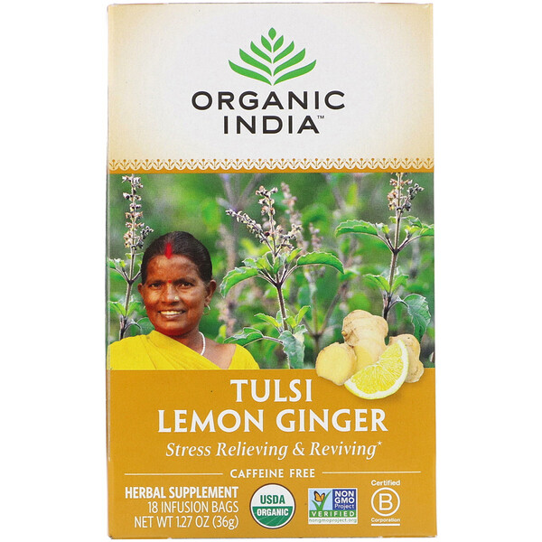 Organic India‏, Tulsi Tea, Lemon Ginger, Caffeine-Free, 18 Infusion Bags, 1.27 oz (36 g)