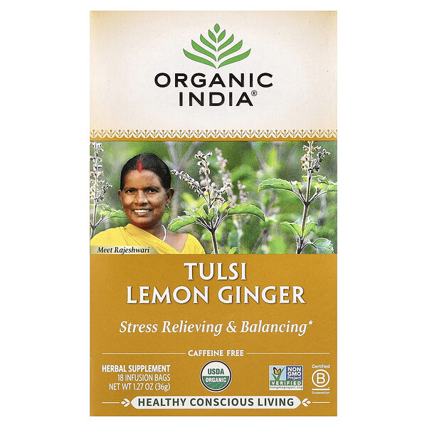Organic India Tulsi Lemon Ginger Tea, Caffeine-Free, 18 Infusion Bags, 1.27 oz (36 g)