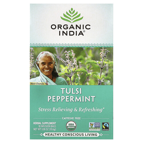 Organic India, Tulsi Peppermint Tea, Caffeine Free, 18 Infusion Bags, 1.08 oz (30.6 g)