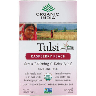 Organic India, Tulsi Holy Basil, Raspberry Peach, Caffeine Free, 18 Infusion Bags, 1.21 oz (34.2 g)