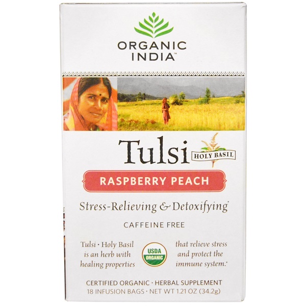 Organic India, Tulsi, Raspberry Peach, Caffeine Free, 18 Infusion Bags, 1.21 oz (34.2 g)